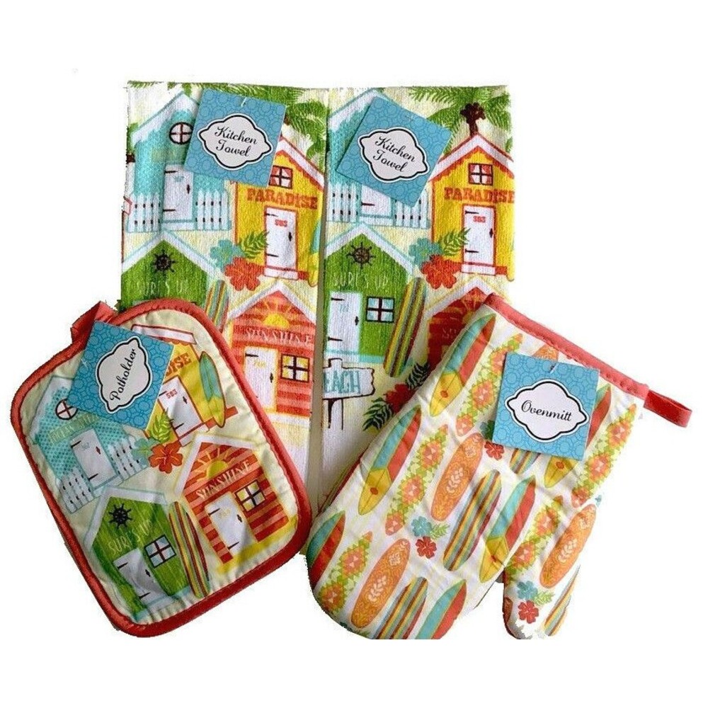 Nautical Oven Mitt Potholder Dish Towels Set of 4 Surfboard Paradise Beach House